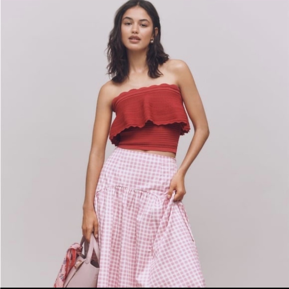 Anthropologie Ribbed Strapless Ruffle Crop Top - Red